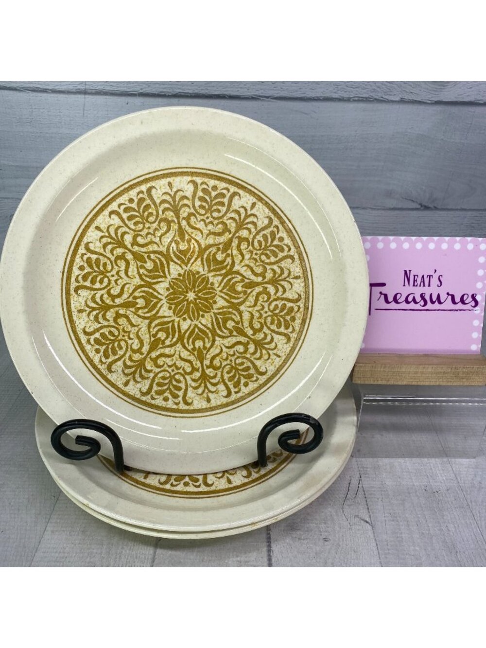 1970s Roycroft Stoneware Cluster GOLD FLORAL Tan Speckled Dinner Plates Set 0f 3